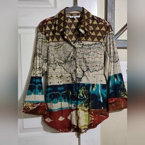 Mishca Brown and Blue Button Down Shirt with Vivid Paterns.